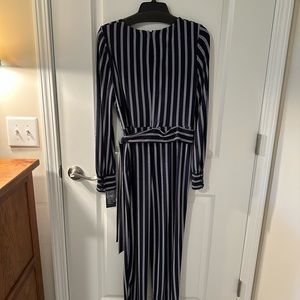 Navy and white striped jumpsuit.